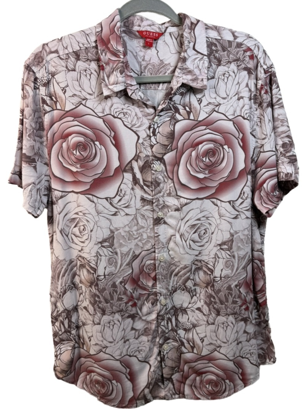 GUESS Men’s Short-Sleeve Floral Button-Down Shirt — Dusty Rose & Gray